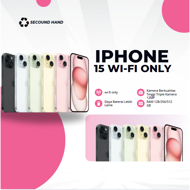 SPayLater IPHONE 15 WIFI ONLY 128GB/256GB SECOND FULLSET SECOND HANDPHONE Garansi 1 Bulan