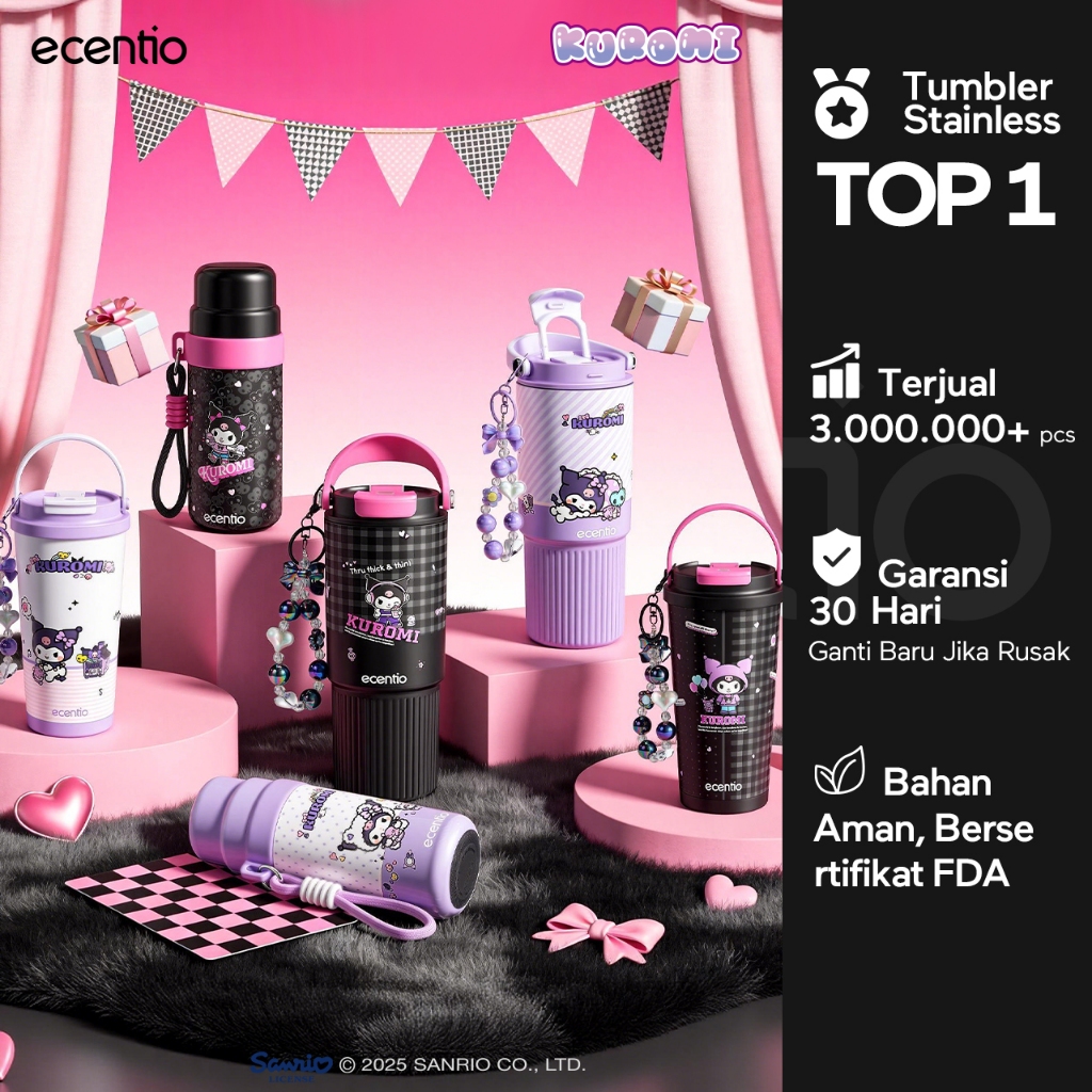[buy1get1]  Ecentio x Kuromi Sanrio Official Tumbler Botol Minum Sekolah 350 580 850ml 304 Anti Boco