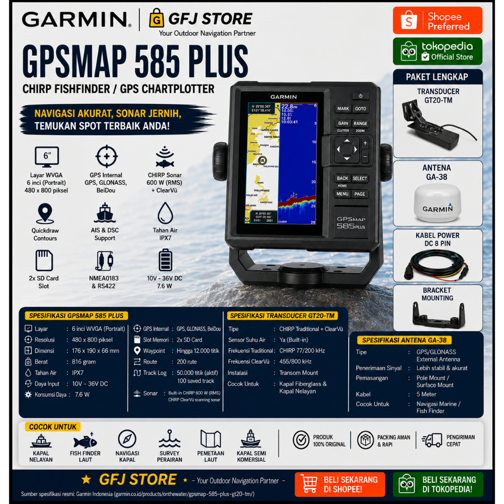 Garmin GPSMAP 585 Plus ClearVu GPS FishFinder - GT20-TM Baru Ori Garansi  2 Tahun