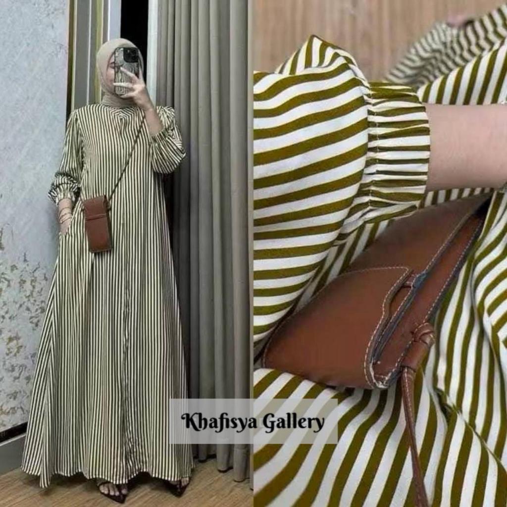 gamis lebaran terbaru kekinian Warna Terbaru Salur Hijau Army Bahan Twill Rayon Ori Pekalongan Khafi
