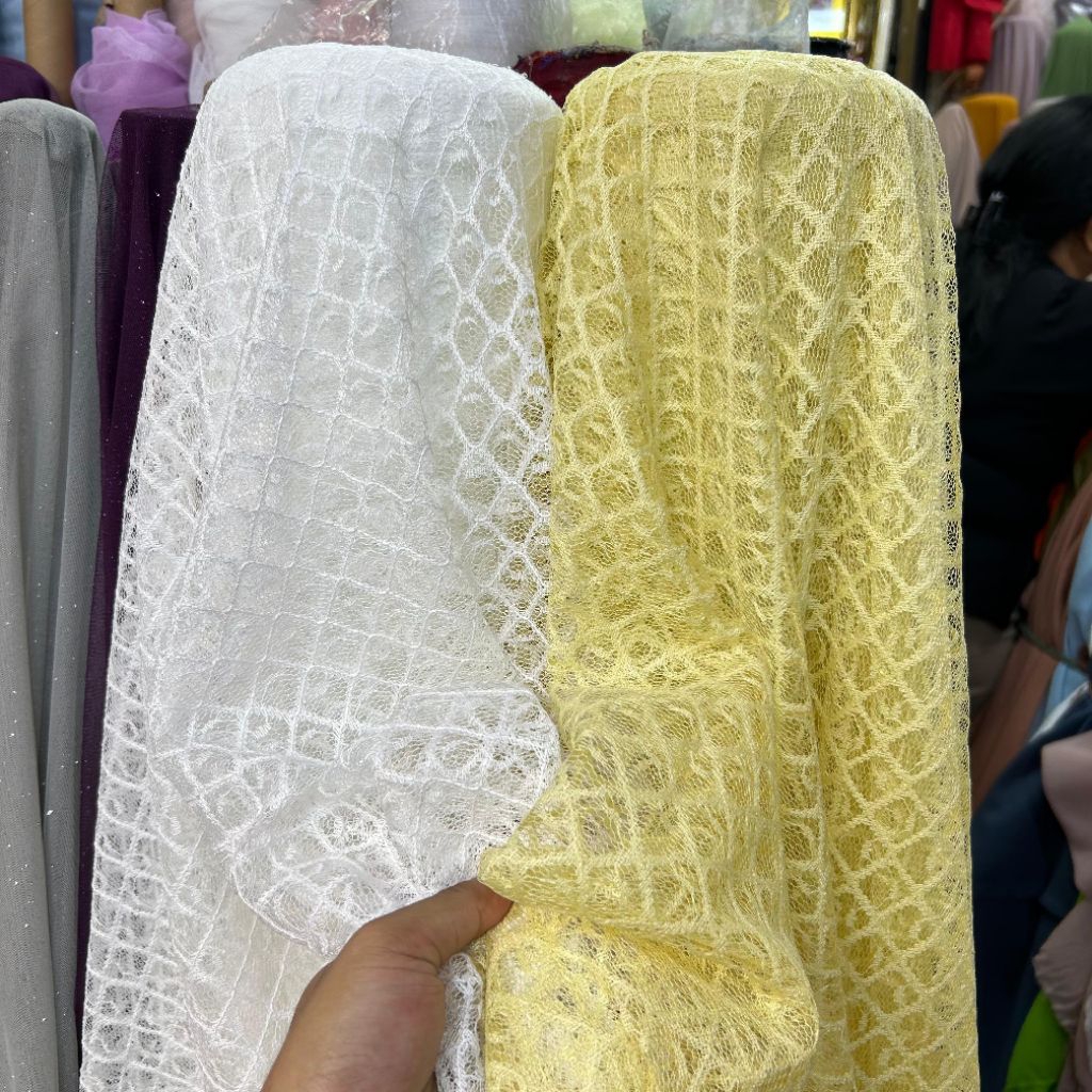 bahan kain tile kotak-kotak butter yellow/ kain kotak bordir premium