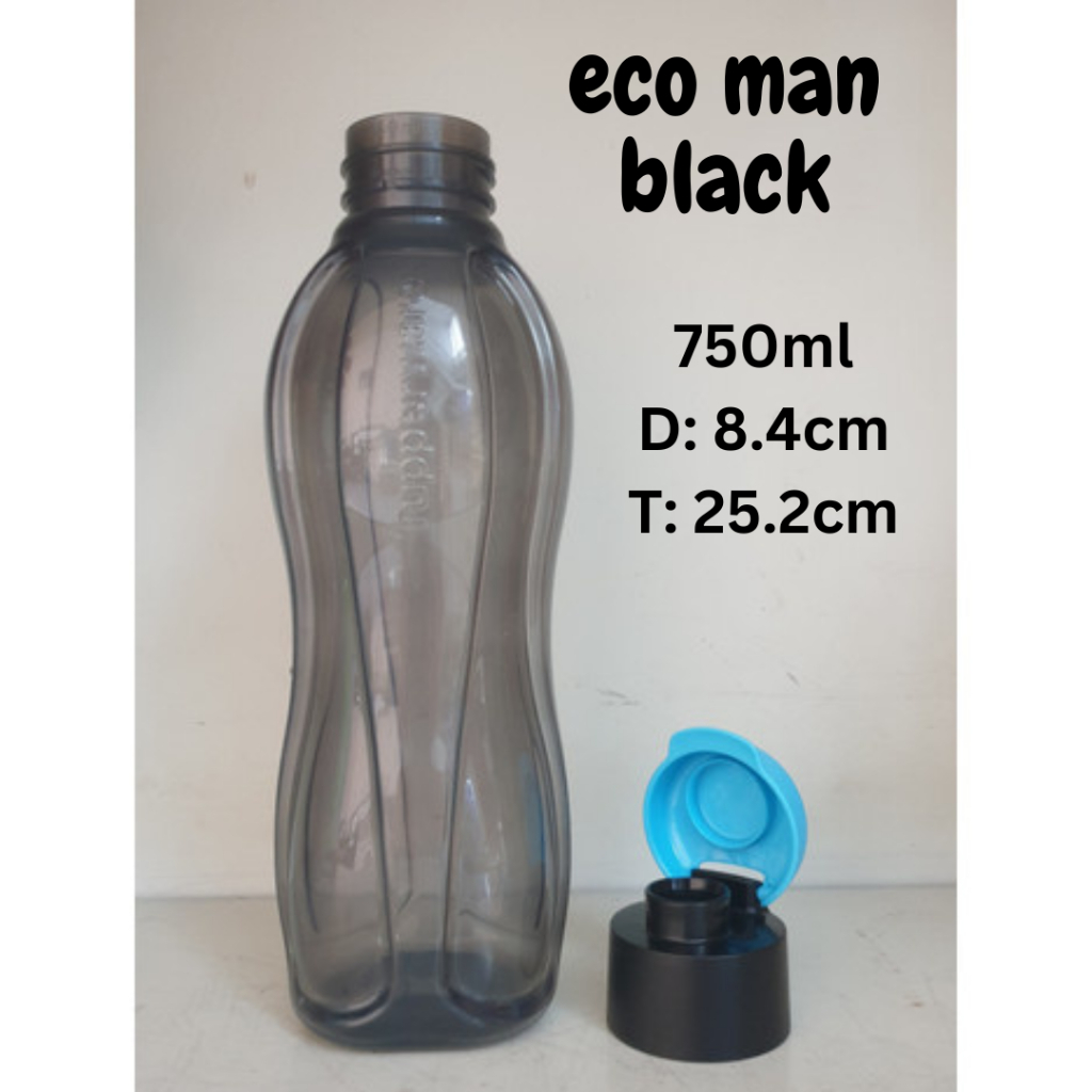 Botol Minum Tupperware Eco Man berwarna hitam dengan kapasitas 750 ml