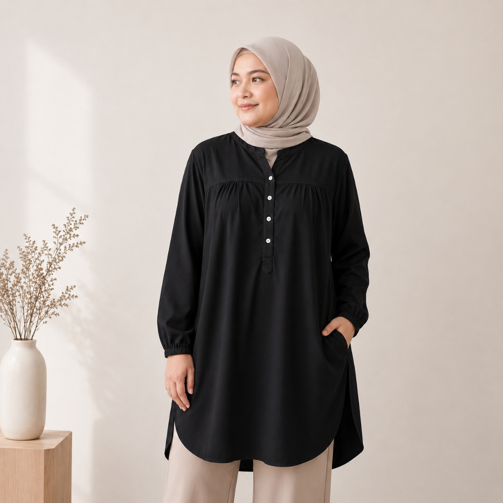 Tunik polos viscose Hitam oversized atasan wanita jumbo kancing hidup0