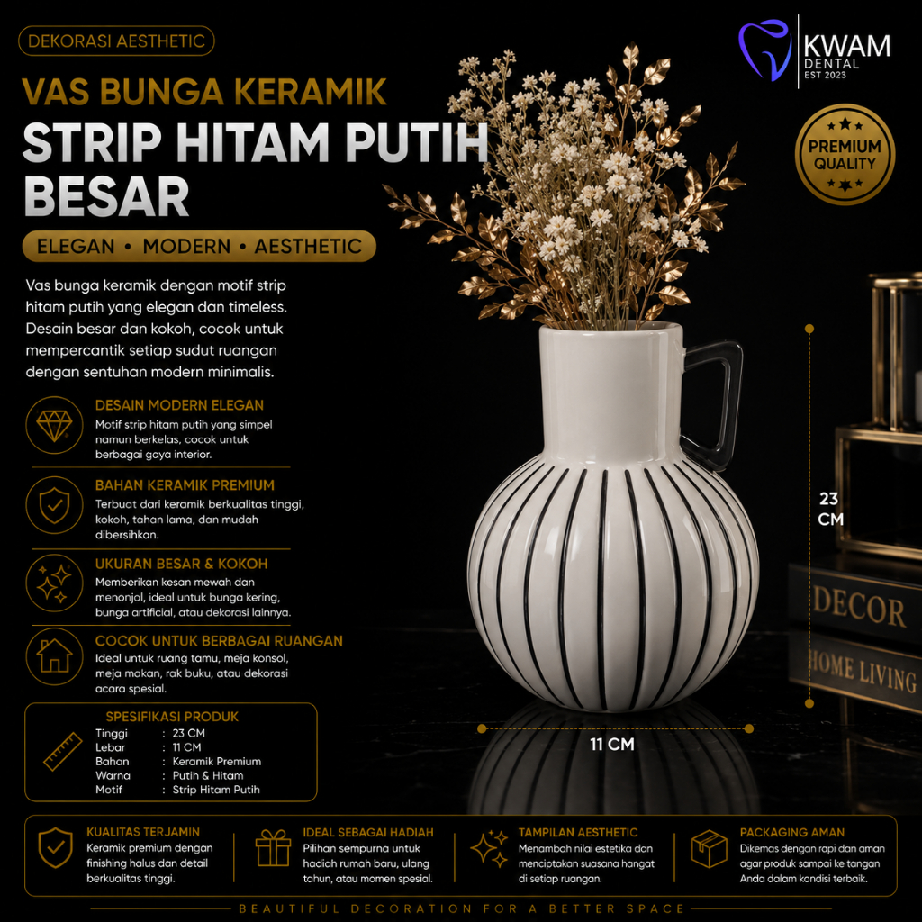 Vas Bunga Keramik Strip Hitam Putih Besar/ Vas Bunga Aesthetic Ukuran 23x11Cm
