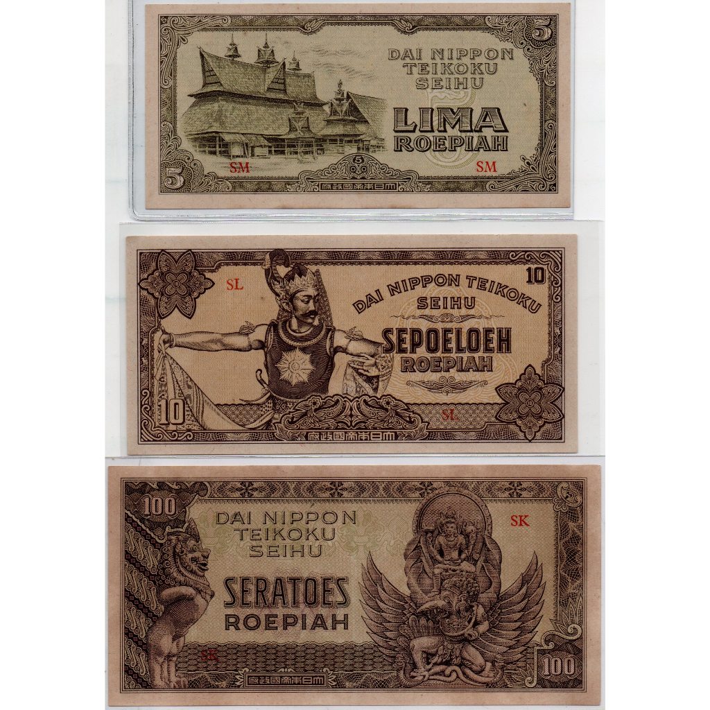Uang Netherlands Indies set 5, 10 and 100 Roepiah 1944 Dai Nippon Teikoku (AUNC)