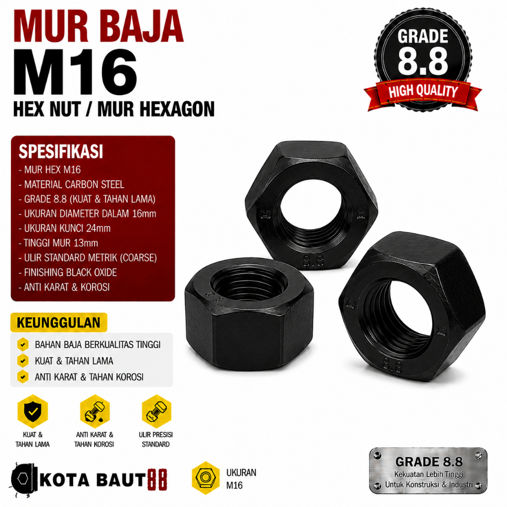 Mur Baja M16 / Mur Hex M16 / Mur Hexagon M16 / Mur M16 / Hex Nut M16 Grade 8.8
