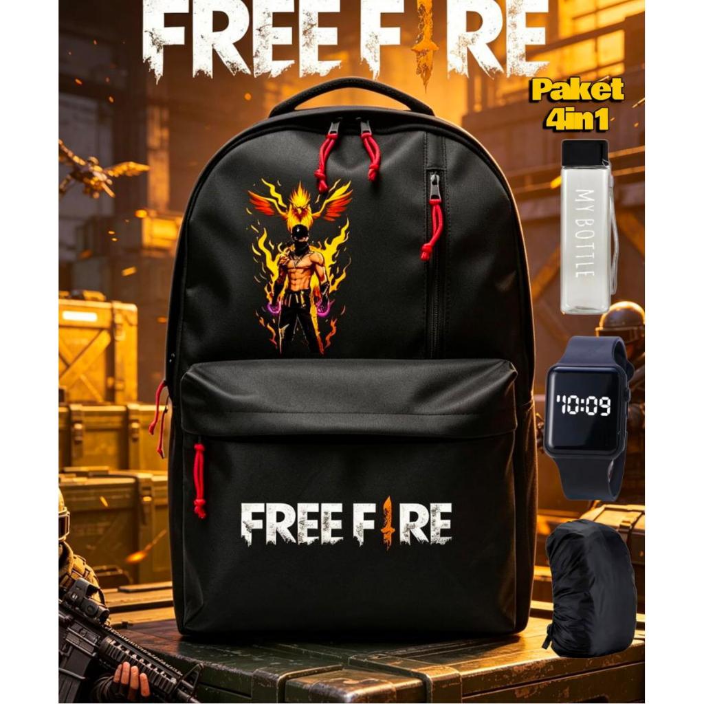 Tas SD SMP SMA Free Fire Mania PaKet 4IN1 - Ransel Sekolah Anak Laki Laki Bonus 3 item