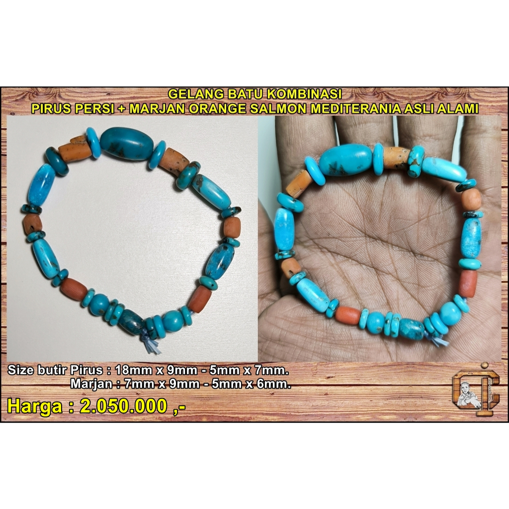 Gelang batu kombinasi pirus persi + marjan orange salmon mediterania asli alami.
