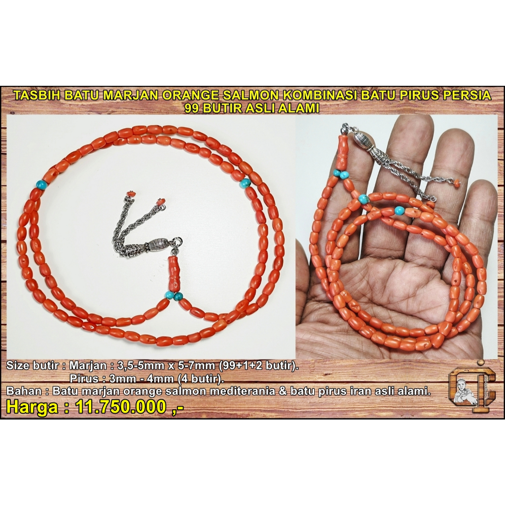 Tasbih batu marjan orange salmon mediterania kombinasi batu pirus persia 99 butir asli alami.