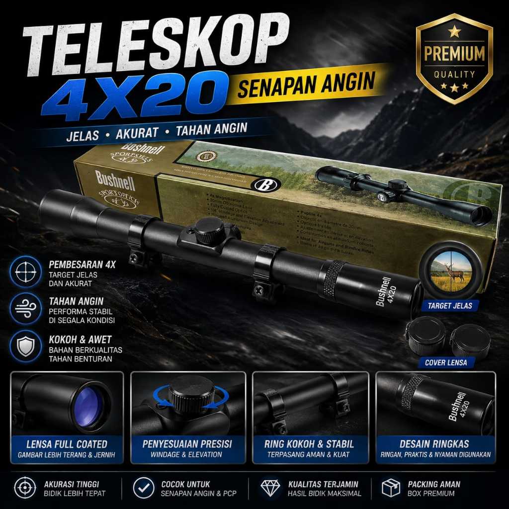 Teleskop Senapan Angin Riffle Scope 4x20 28cm Teropong Bidik Sharp Uklik Gejluk PCP Mounting