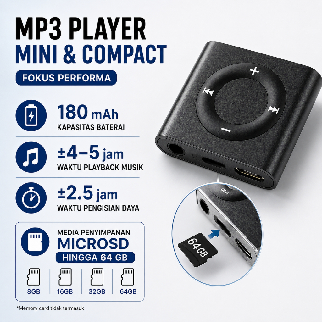 Mini MP3 Player Build in Speaker 180 mAh Walkman HiFi Support Memory MicroSD Up To 64GB Audio Jack 3