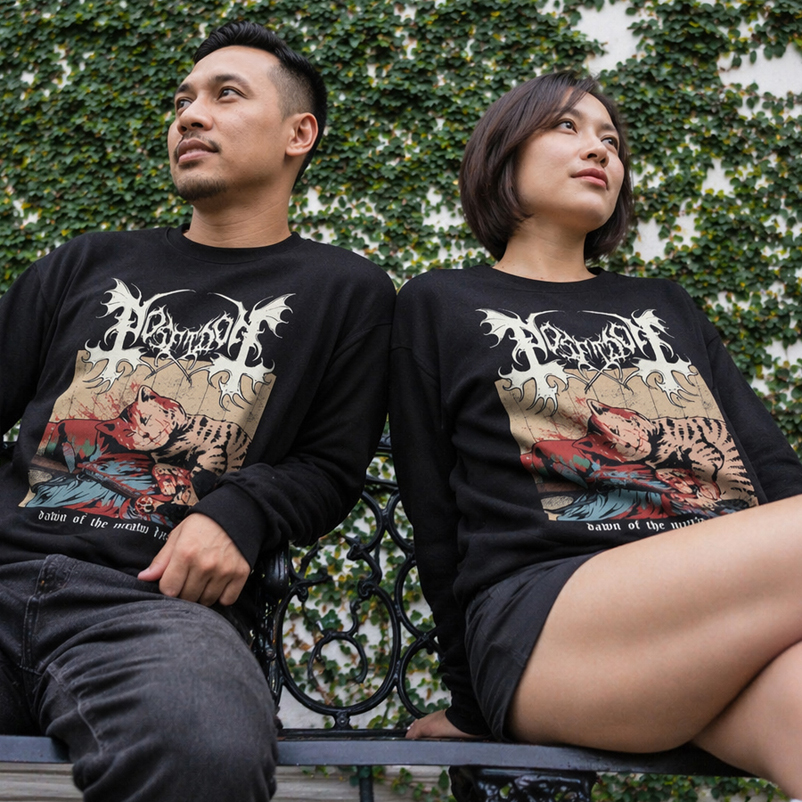 Sweater Dawn Of The Meow Hearts - Mayhem Crewneck Sweatshirt Bahan Cotton Fleece | Unisex Casual Cre