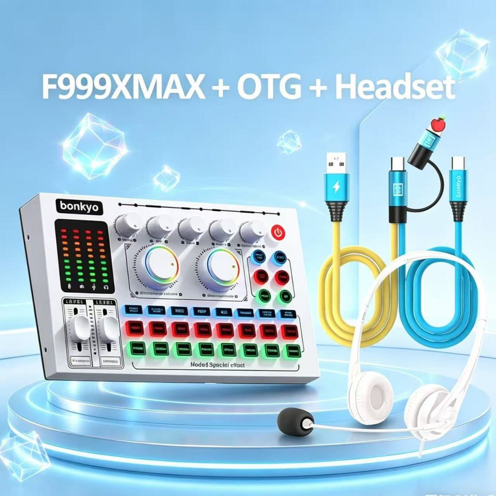 Bonkyo Soundcard F999MAX Metal Upgrade + Headset + OTG 2in1 untuk Karaoke & Live Streaming