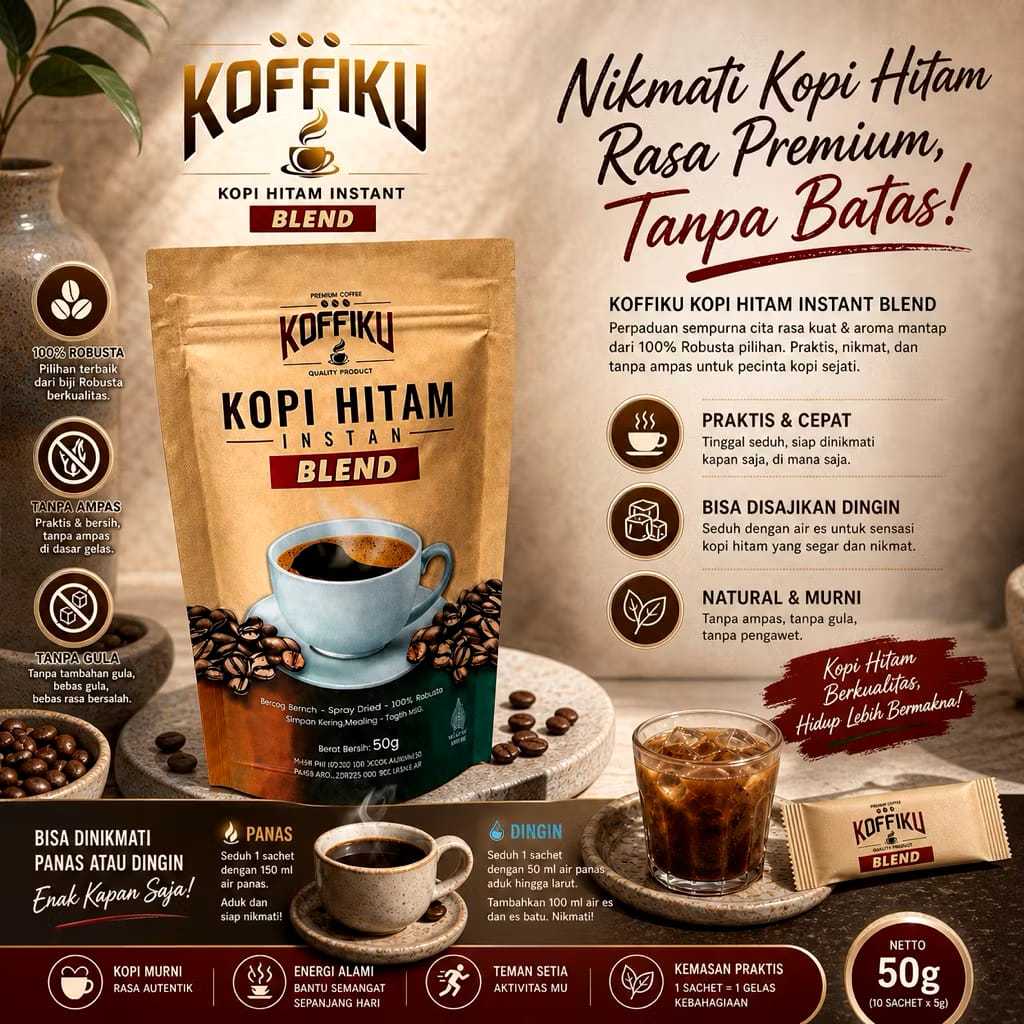KOFFIKU [BLEND] 50gr Kopi Instan Hitam Tanpa Ampas & Bebas Gula Praktis / Spray Dried Instant Coffee