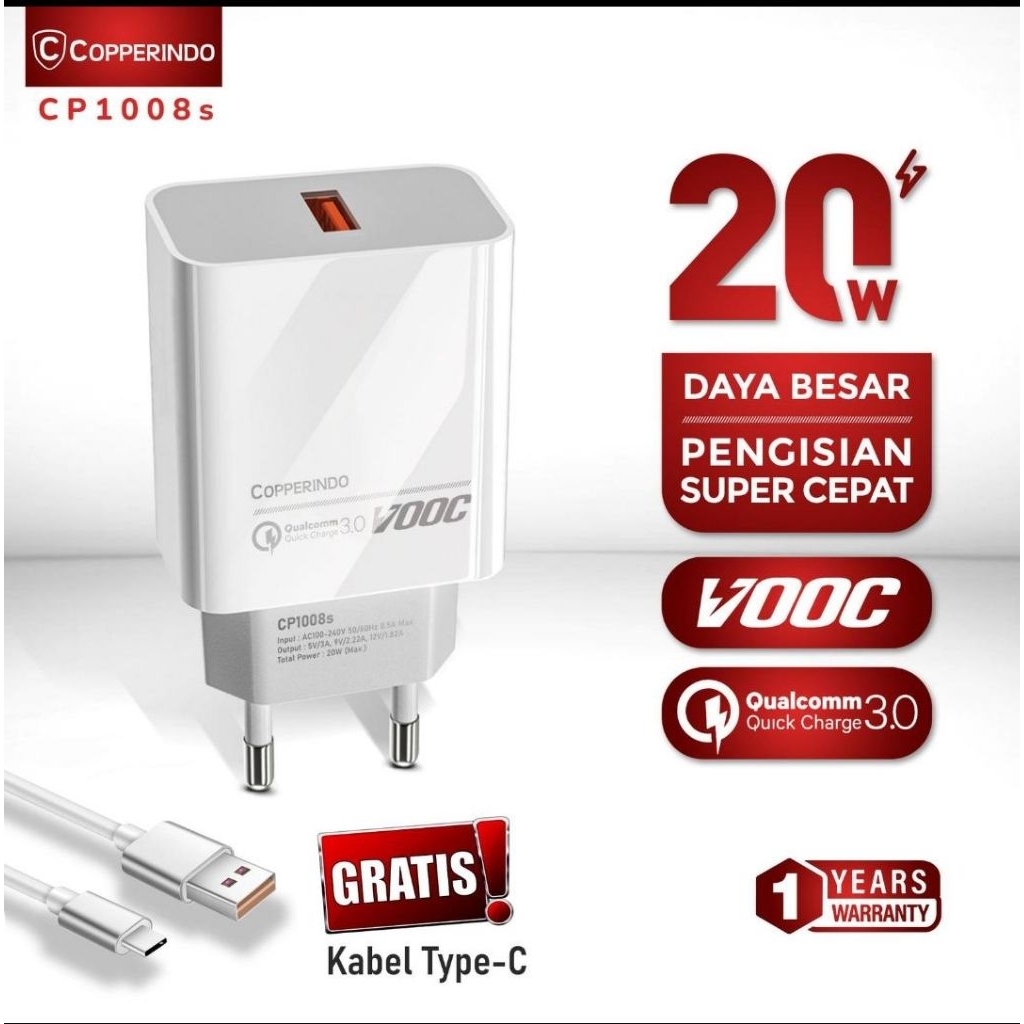 Charger USB CEPAT COPPER CP1008 dengan Port USB Type-A QC 3.0