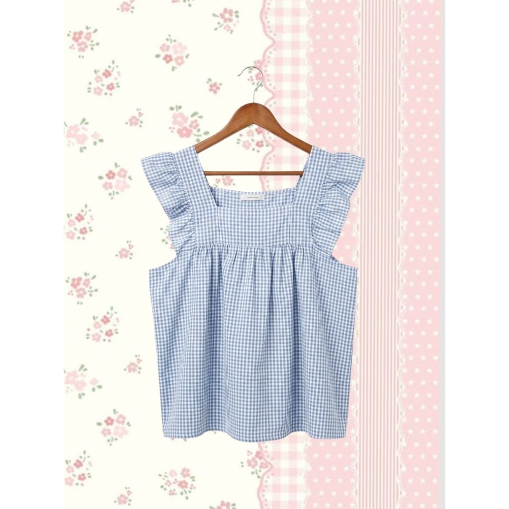 Gingham Pattern Sage Blue Kawai Baby Doll Ruffle Top Korean Look Anybody
