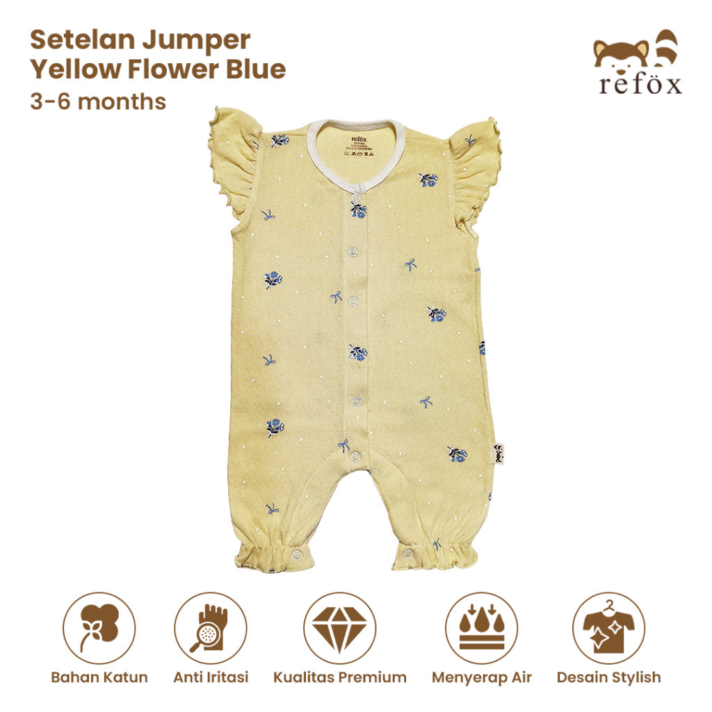 (3-6bulan) Refox - POINTELLE Romper Bayi Romper Bayi Yellow Flower Blue