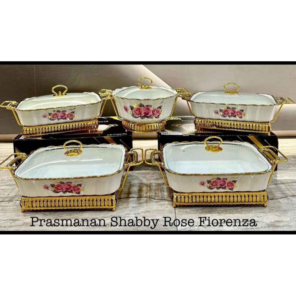 Prasmanan Pesta Wadah Sayur Ukuran Besar 4+1 Fiorenza Tutup Kaca Motif Rose Shabby