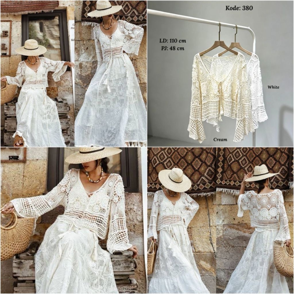 AT681 Crochet Outer Top | Atasan Wanita Brokat Lengan Rajut Katun Bolong | Kasual Summer Holiday Pan