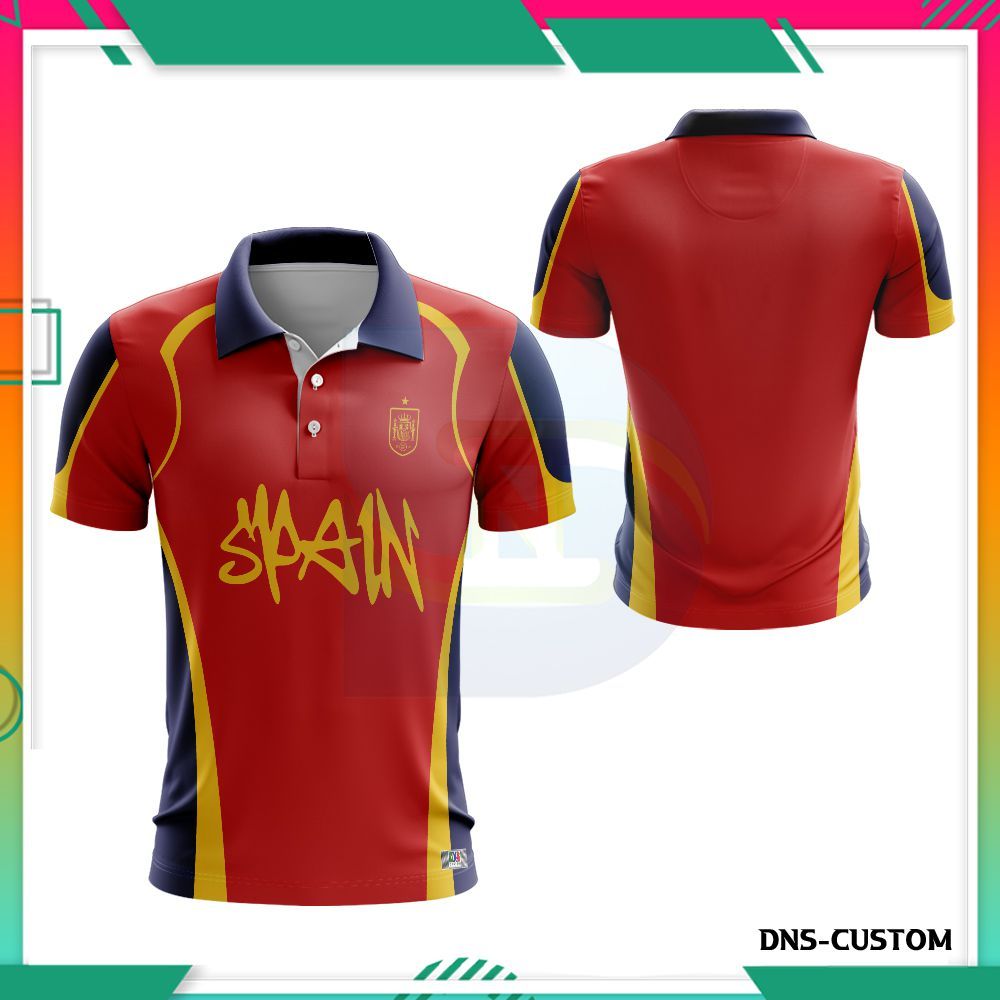 Kaos Polo Wangki Cowok Spanyol Lengan Pendek/Jersey Bola Pria Spain Full Printing Custom