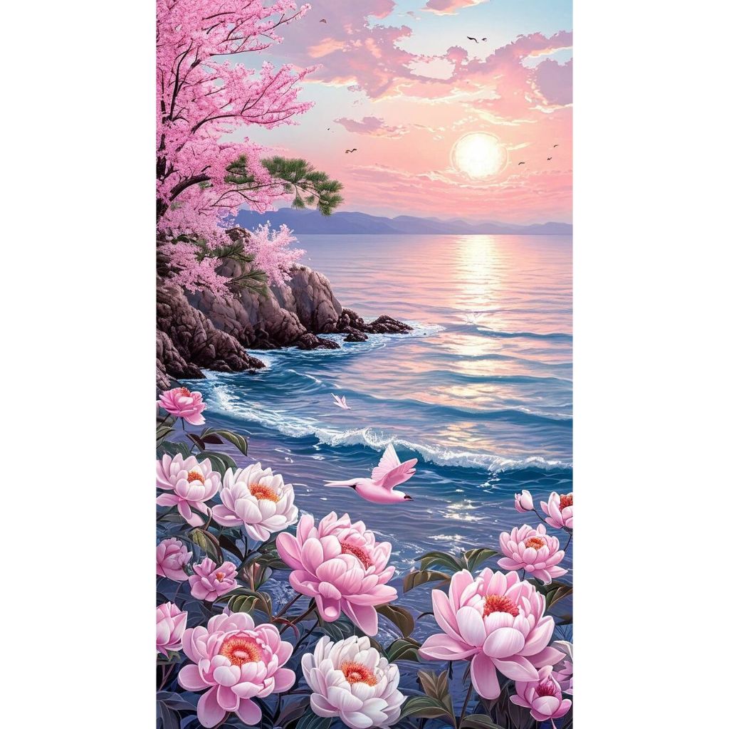 Gambar Lukisan Pemandangan Pantai Sakura Pink, Bunga Peony, Burung, Sunset, Dekorasi Dinding
