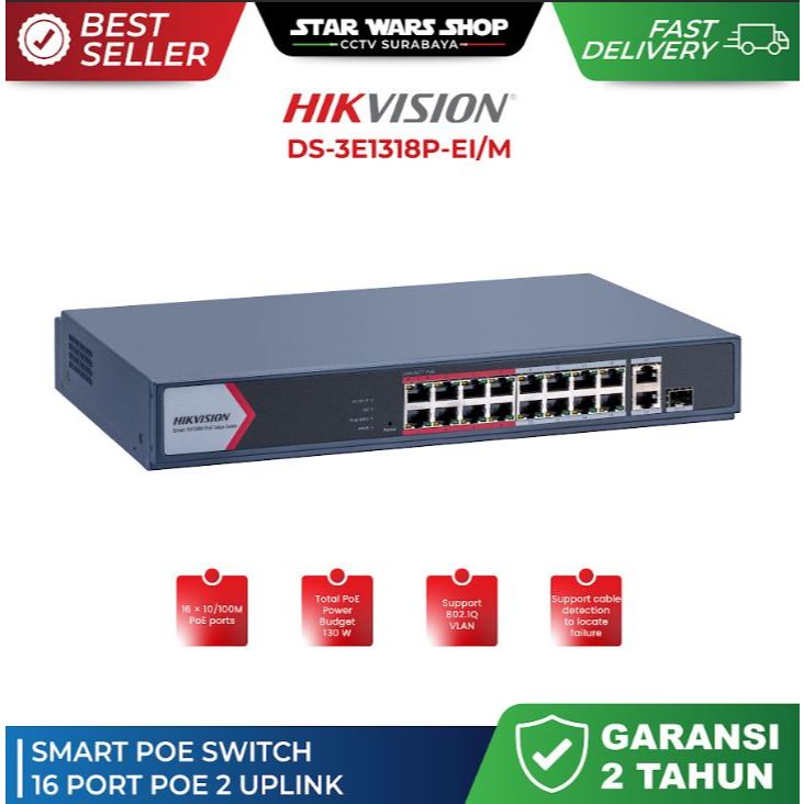HIKVISION DS-3E1318P-EI/M - Smart POE Switch 16 Port POE 2 Uplink