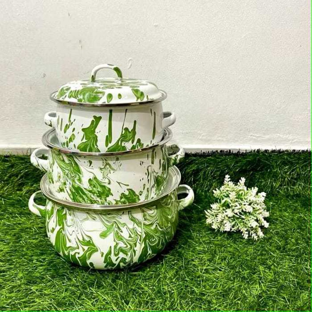 Panci Set Enamel Brilik Hijau 3 Susun Warna Hijau Jadul - Panci Set Warna Cendol Isi 3 PCS Ukuran Be