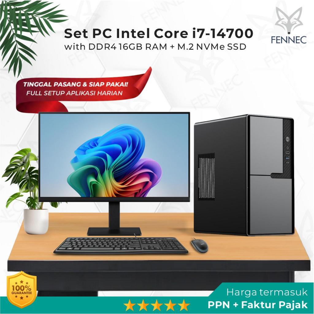 Set PC Komputer Intel Core i7-14700 Gen-14 RAM 16GB SSD Rakitan Office - Monitor 24" Inch, SSD NVMe 