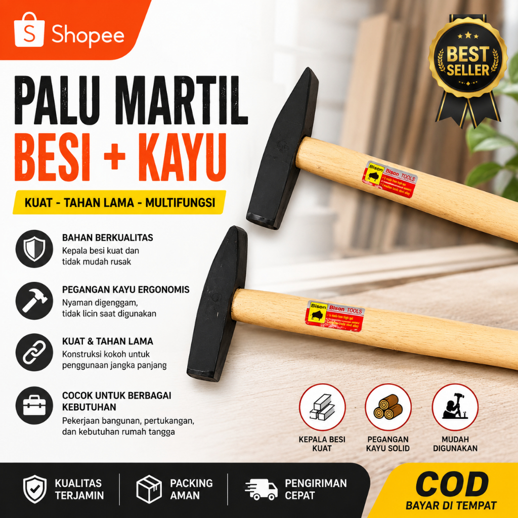 Palu Tukang Ketok Karat Gagang Kayu Bison 500 GR Palu Chipping