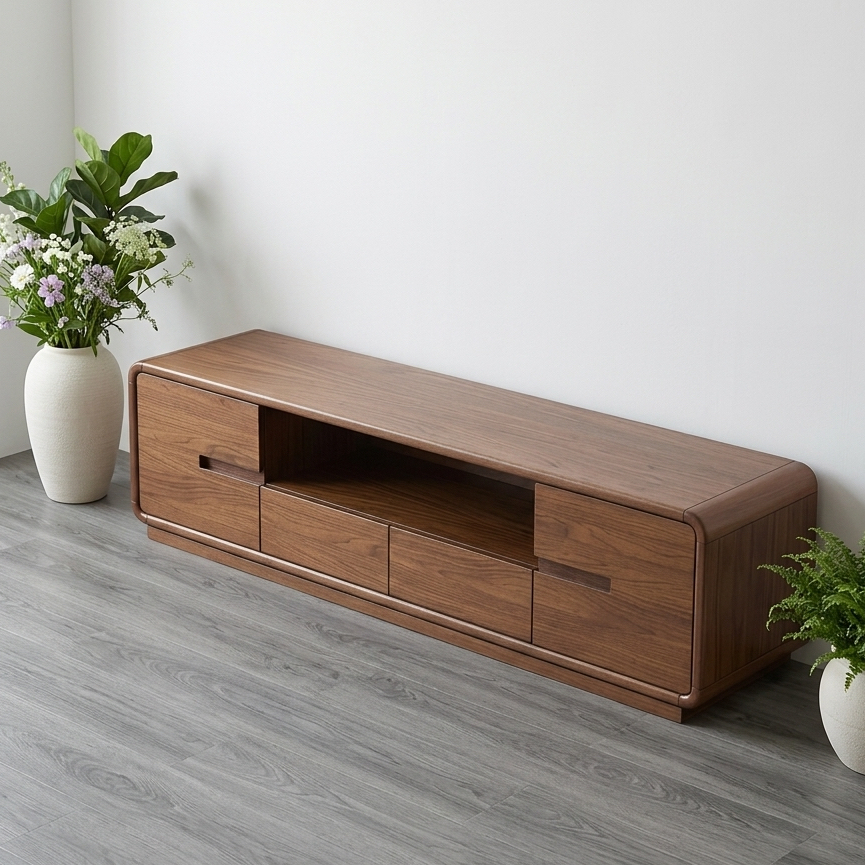 Bufet Bifet TV Minimalis Rounded Walnut Modern,Meja Tv Minimalis kayu jati,Rak TV Japandi Minimalis