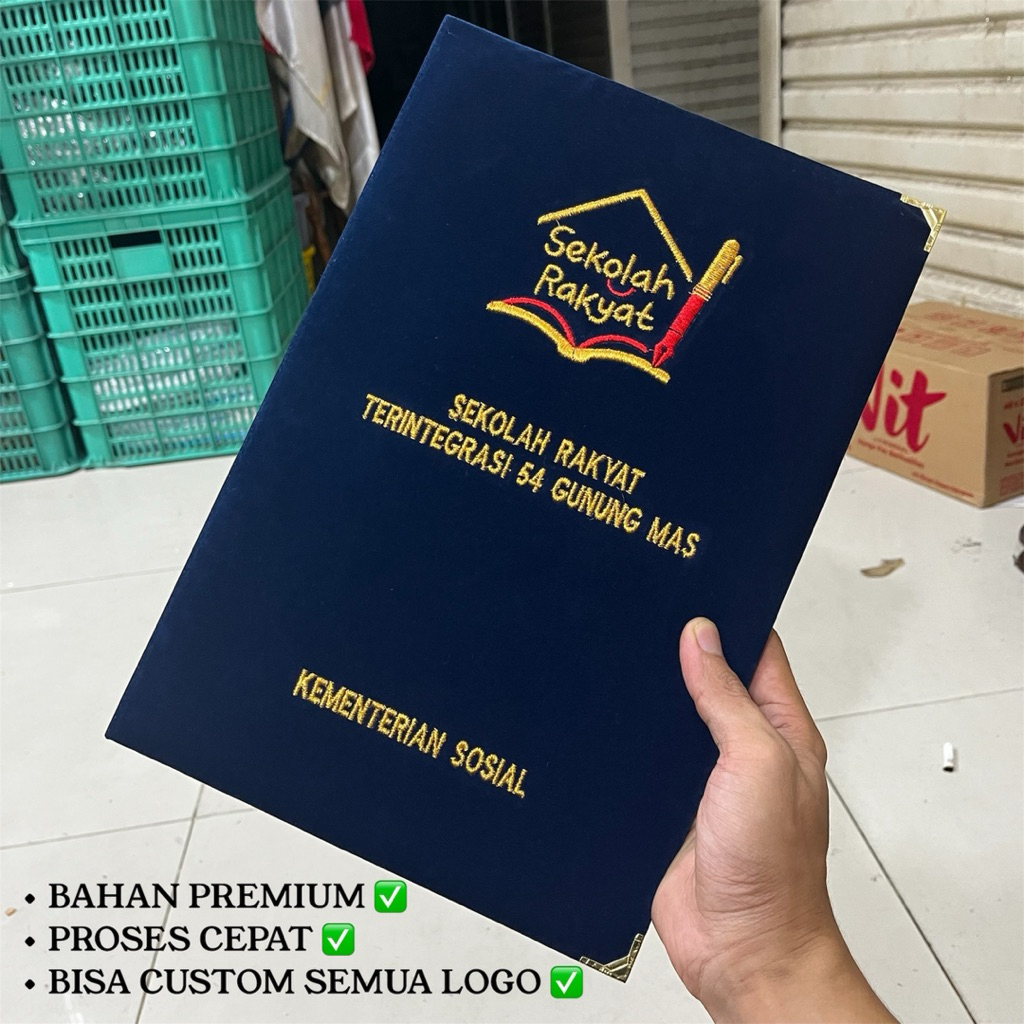 Lancar Jaya Advertising Map Raport F4 Beludru Premium Custom Logo Embos Bordir Siku Gold Map Ijazah 