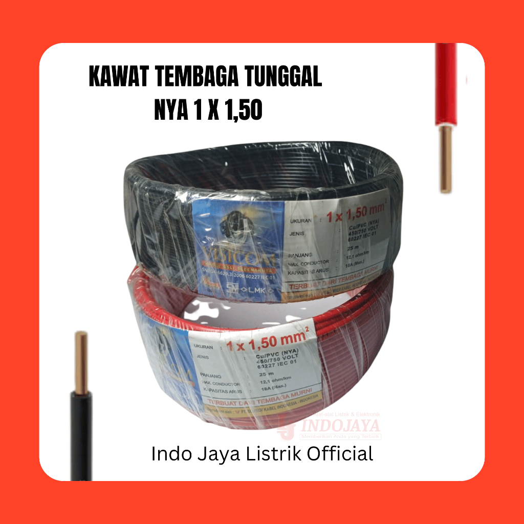 Visicom Kabel Tembaga NYA 1 x 1.50 mm Merah Hitam 25 Meter 50 Meter 18A 12,1oh/km