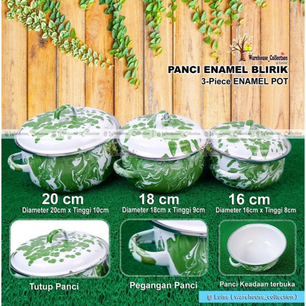 Panci Set Enamel Brilik Hijau 3 Susun Warna Hijau Jadul - Panci Set Warna Cendol Isi 3 PCS Ukuran Be