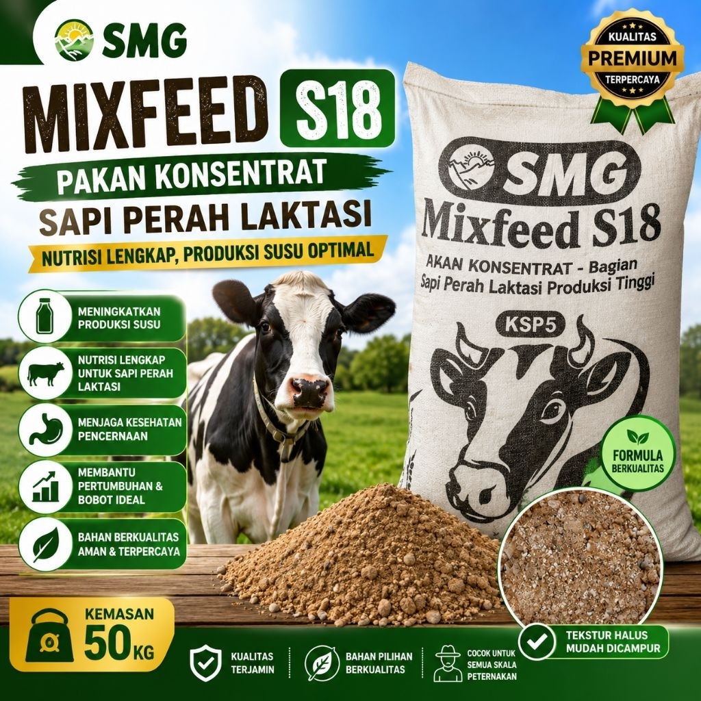 Pakan Konsentrat Sapi Perah Laktasi SMG Mixfeed S18 kemasan 1kg