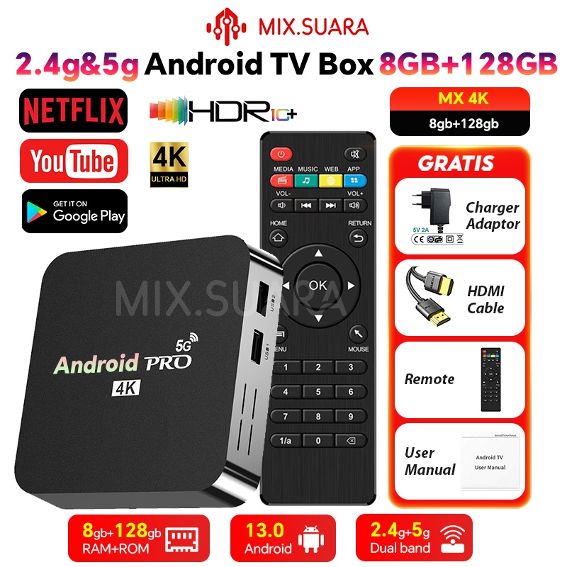 MIX.SUARA Dual Band 2.4G/5G Wifi Android TV BOX Ram 8GB Rom 128GB Advanced Indihome Digital Online T