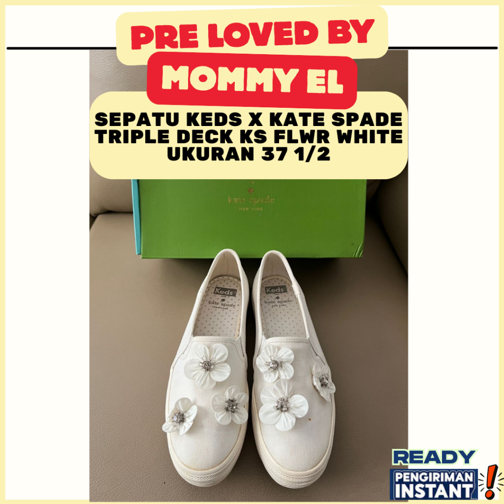 PRELOVED GOOD CONDITION SEPATU KEDS x KATE SPADE TRIPLE DECK KS FLOWER WHITE UKURAN 37 1/2