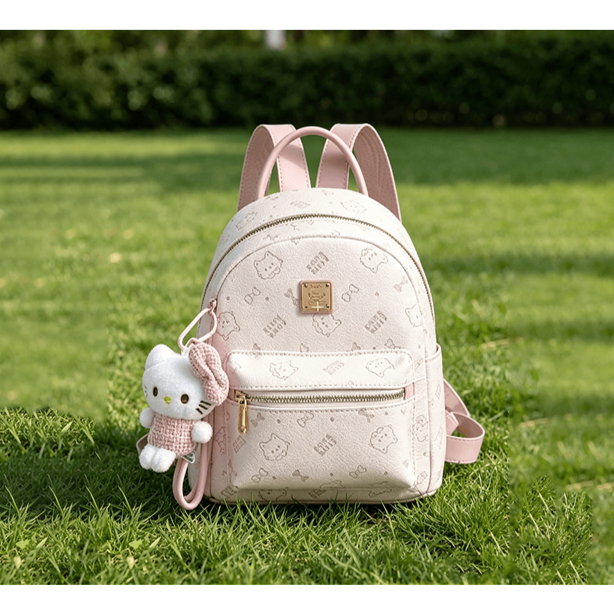Tas Ransel Mini 2in1 Wanita Motif Kucing Imut Tas Punggung Selempang Kulit PU Warna Pink Muda & Biru