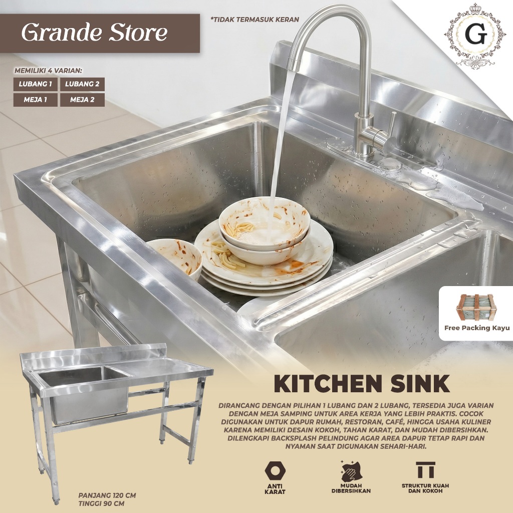 (TERMASUK PACKING KAYU) Kitchen Sink Stainless Steel Meja Cuci Piring 1 Dan 2 Lubang Bak Bak Cuci Ta