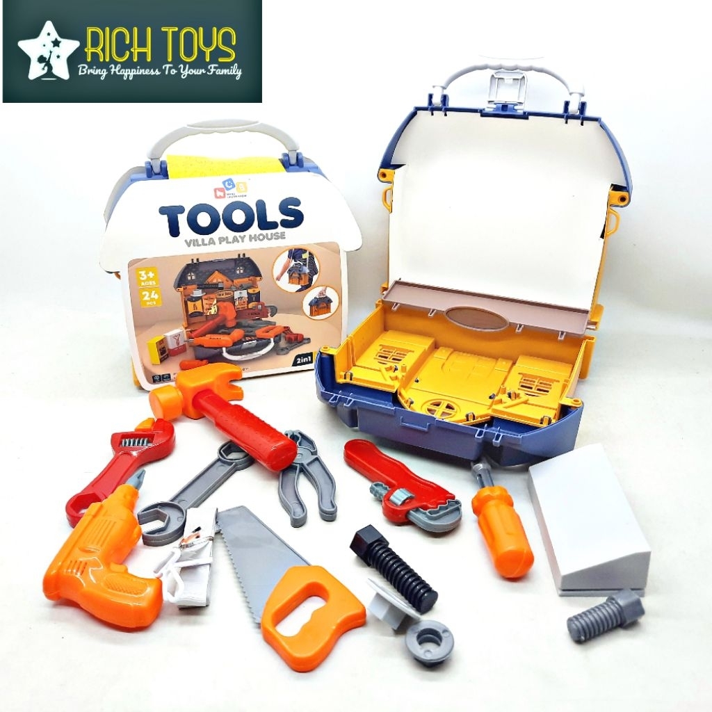 Mainan Tool Box Set Lengkap Anak laki Perkakas Alat Tukang Bangunan 2in1 24Pcs Bentuk Koper Rapi Tid