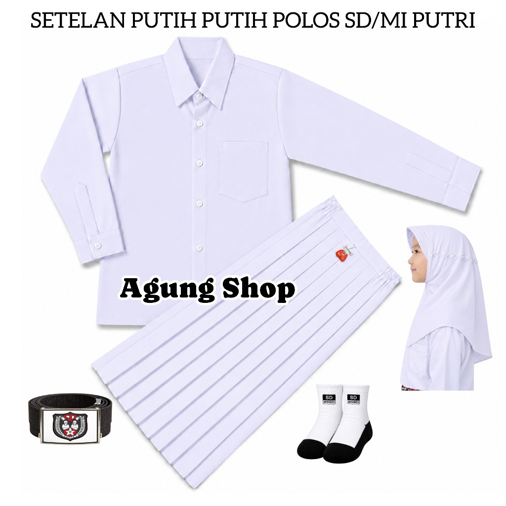 Setelan Seragam Sekolah SD/MI PutihPutih Polos Anak Perempuan Baju Putih Polos Panjang Rok Putih Pan