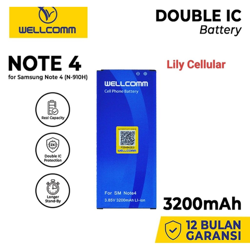 Baterai Battery Samsung Galaxy Note 4 Double IC 3200 mAh Wellcomm Original