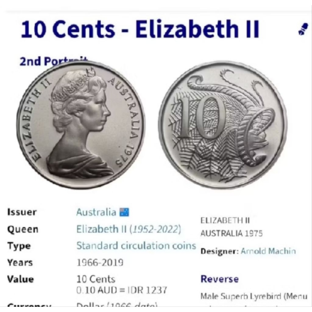 KOIN KUNO PERAK ELIZABETH II 10 CHENTS AUSTRALIA