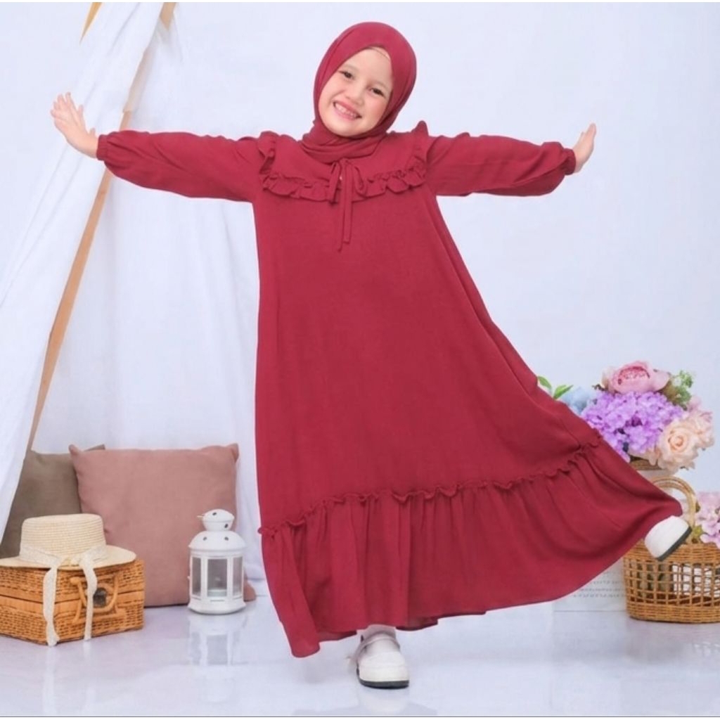 Baju Gamis Anak Perempuan Bahan Cotton 3-8tahun Merah Maroon