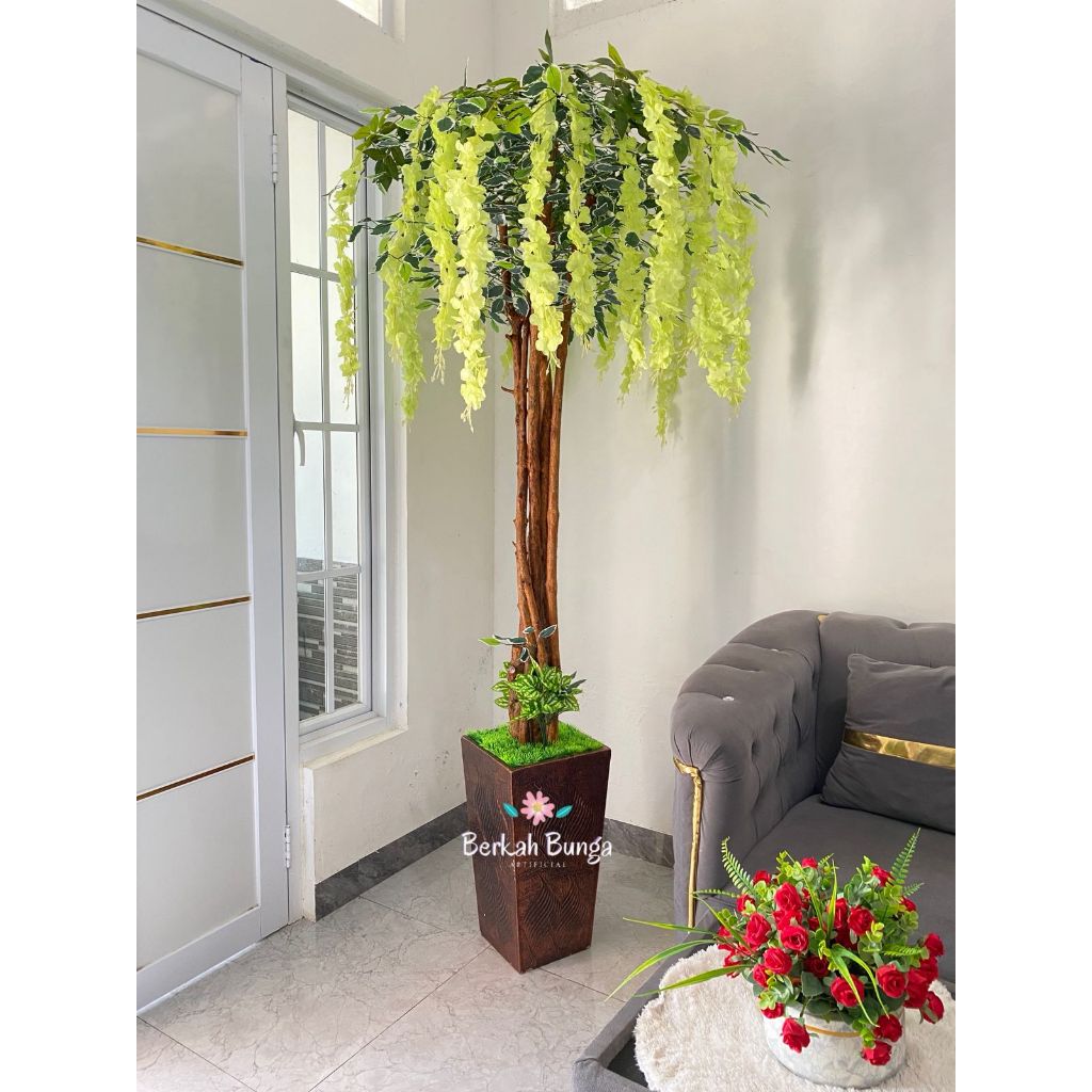 Pohon wisteria artificial ~ hiasan dekorasi rumah kantor ~ pohon hias pojok ~ tanaman gantung plasti