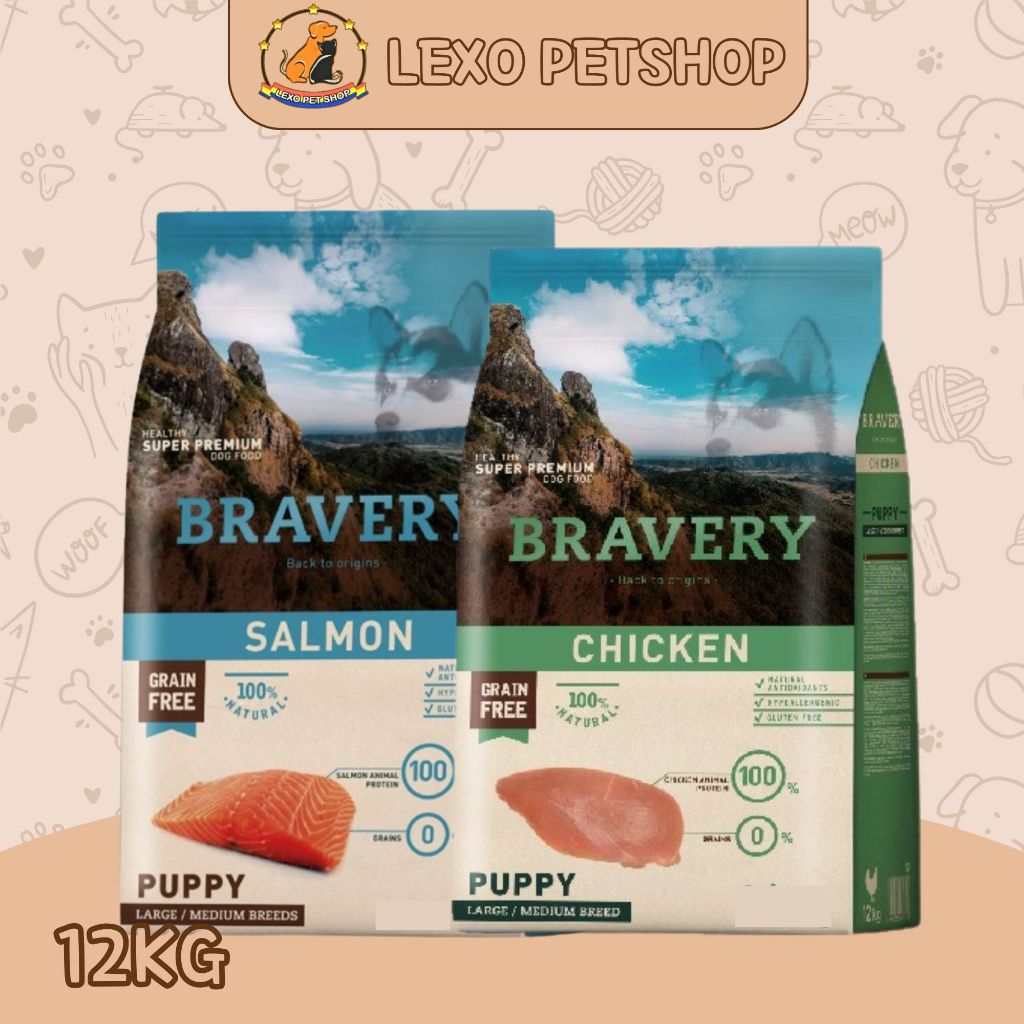 BRAVERY MEDIUM LARGE PUPPY 12KG - Dog Food Makanan Anak Anjing Rasa Chicken Salmon Kering / Dry Dogf