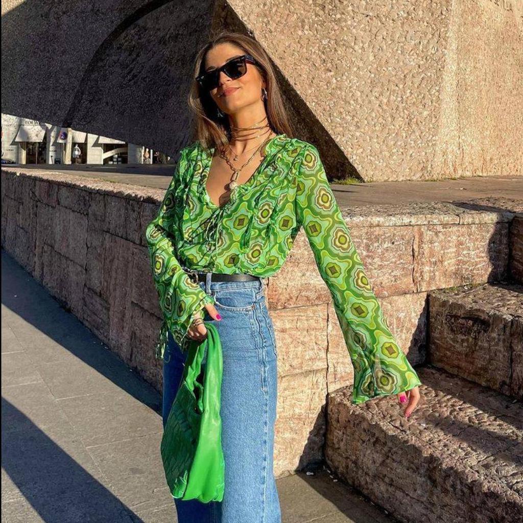 Zara geometric print blouse featuring a vibrant green retro pattern