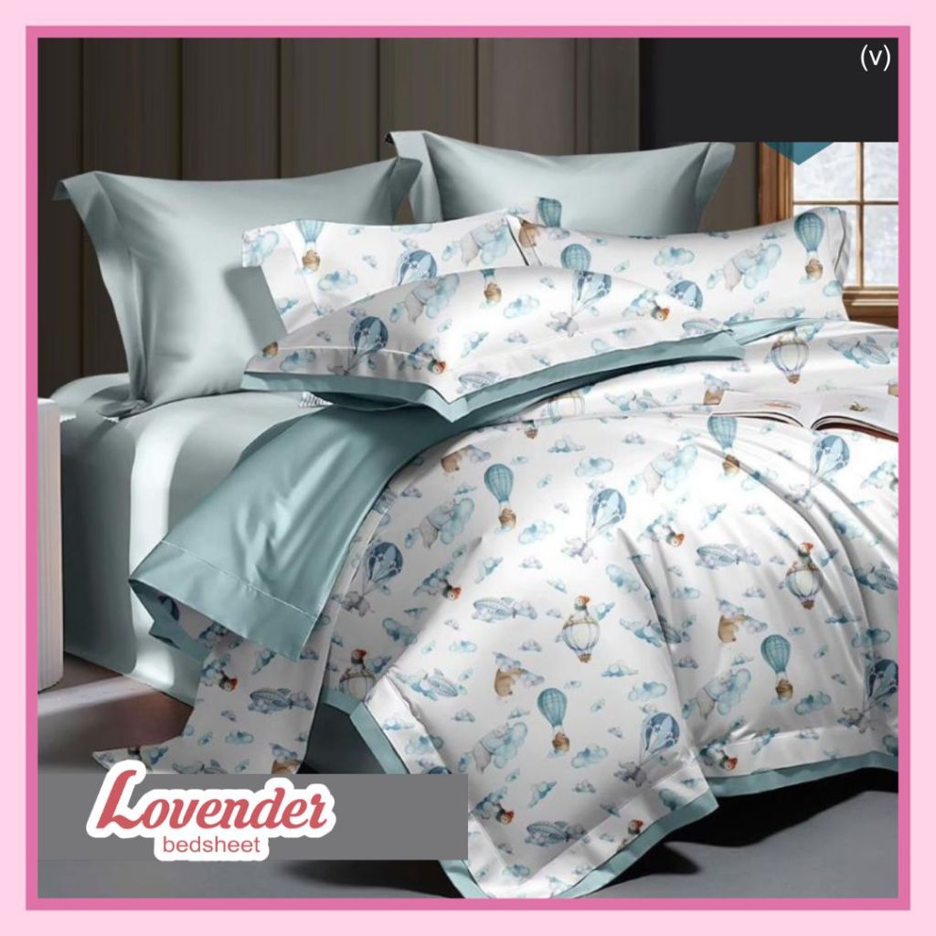 Sprei/Bedcover katun ORGANIK/SERAT BAMBU putih pastel biru blue teddy bear beruang hot air balloon a