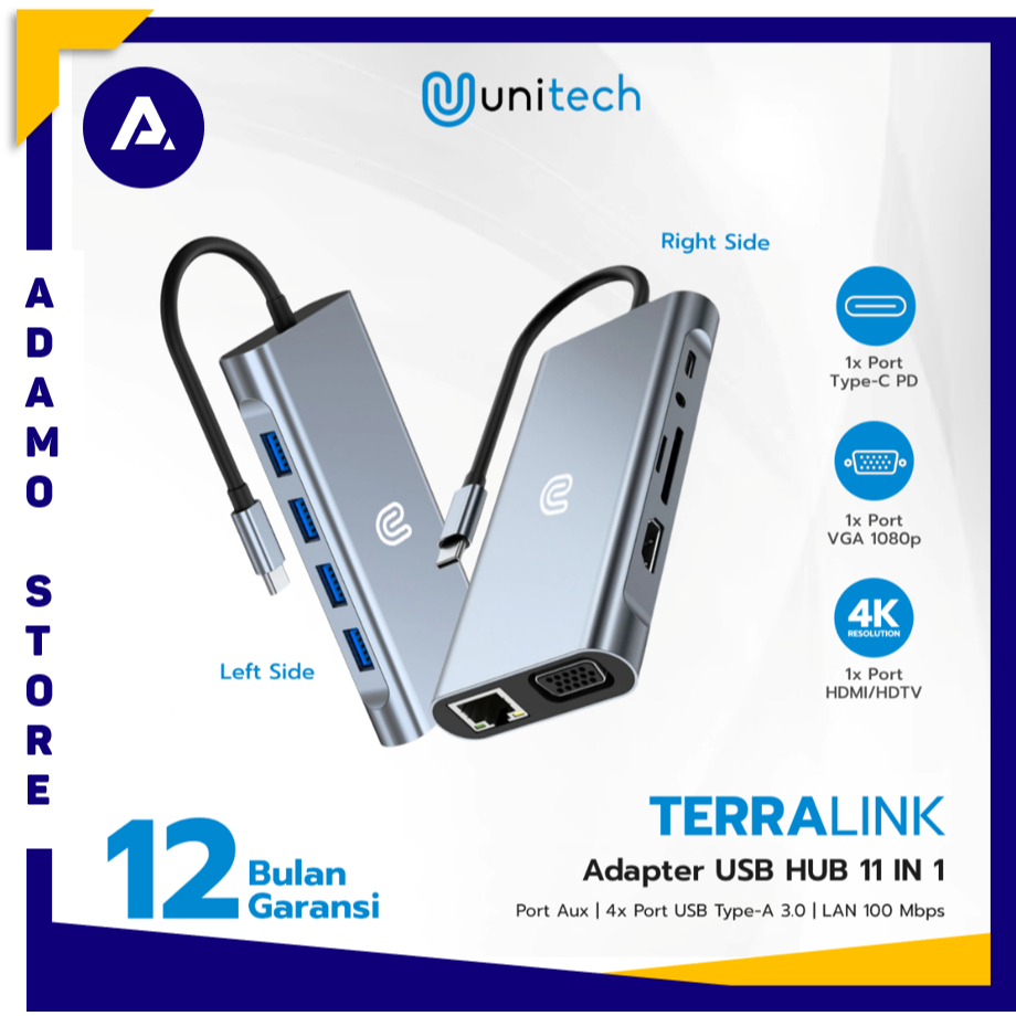 Unitech USB HUB 11in1 Converter Adapter Type C to HUB 3.0 4K HDMI & VGA + LAN + Card Reader TerraLin