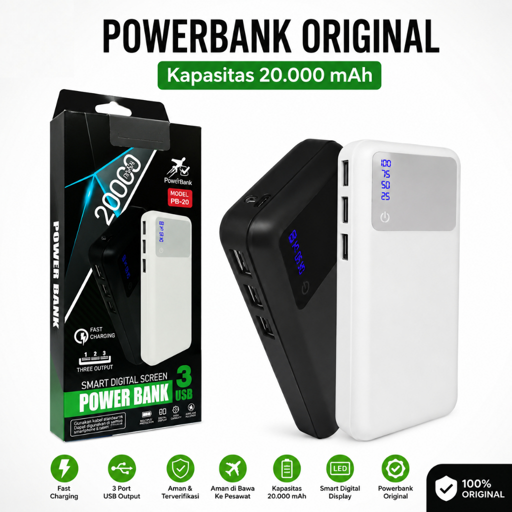 PB POWERBANK POWER BANK BERKUALITAS MURAH KAPASITAS 20000 mAh