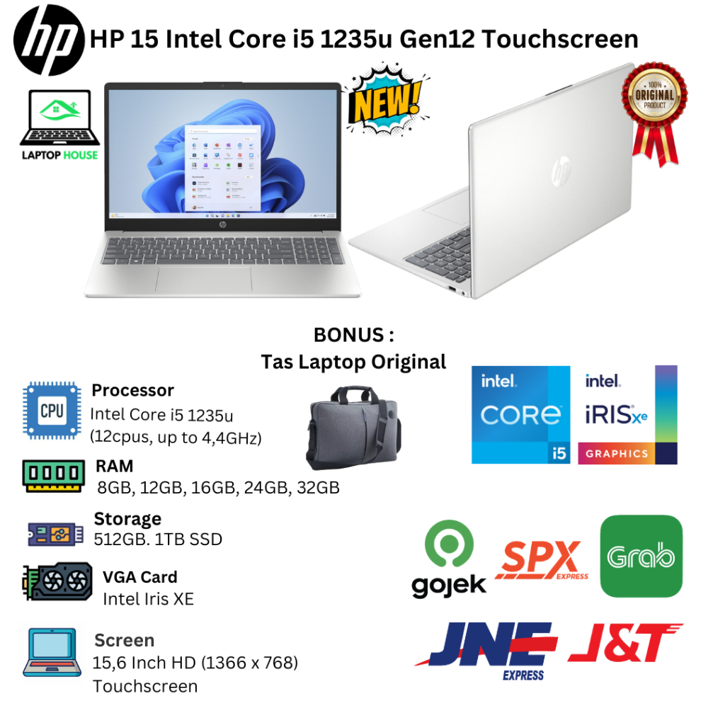 Laptop Baru Hp 15 Core i5 1235u Gen12 12 Cpu Upto 4,4Ghz  Touchscreen